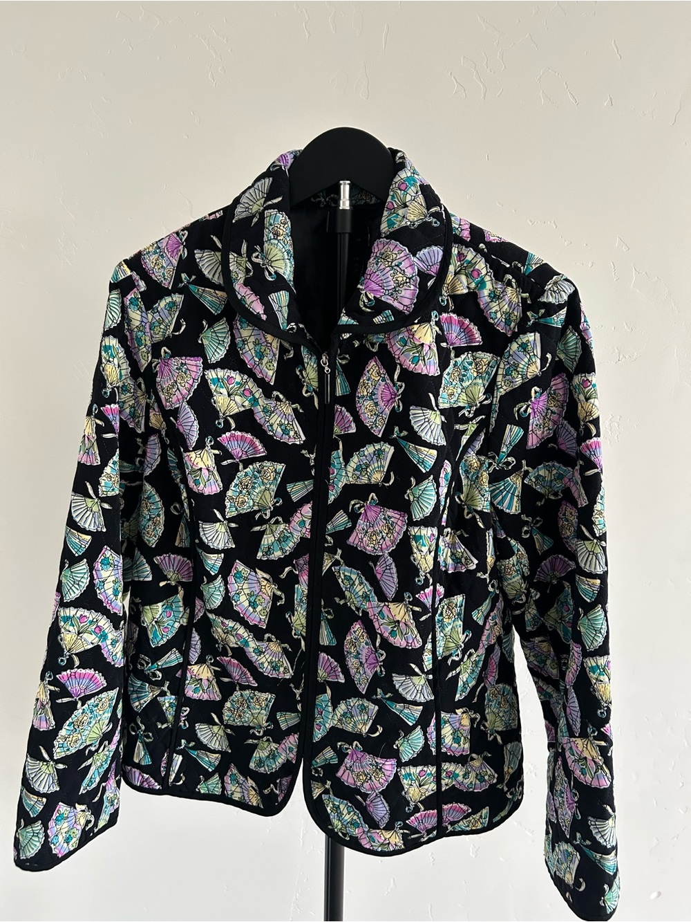Vintage RQT Quilted Japanese Fan Print Jacket Shoulder Pads L